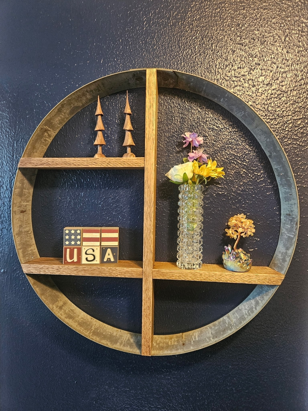Handmade Round Wood and Metal Wall Shelf